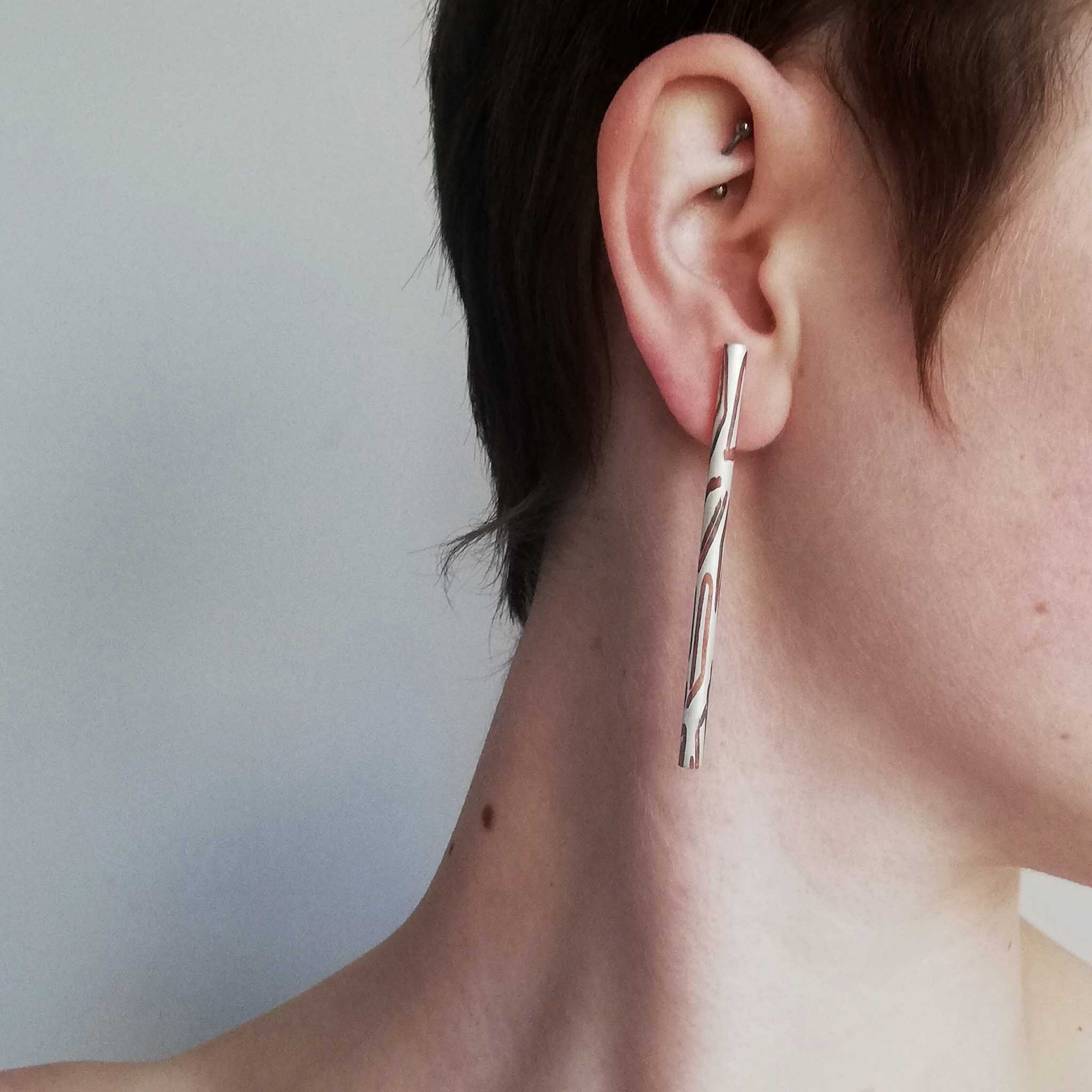 Long Silver Earrings with Inlaid Copper Pattern